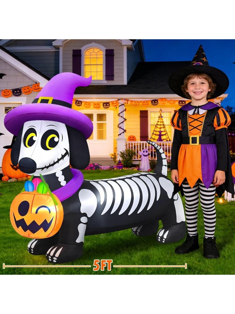 🎃 5FT Skeleton Dachshund Weiner Dog Halloween Inflatables Outdoor Decorations - Picture 3 of 6